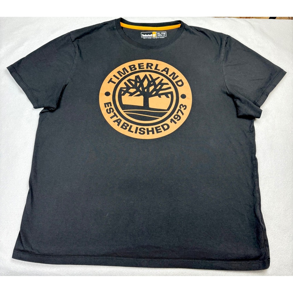 Timberland Mens XL Black Graphic T-Shirt Established 1973 Tree Logo Regular Fit
